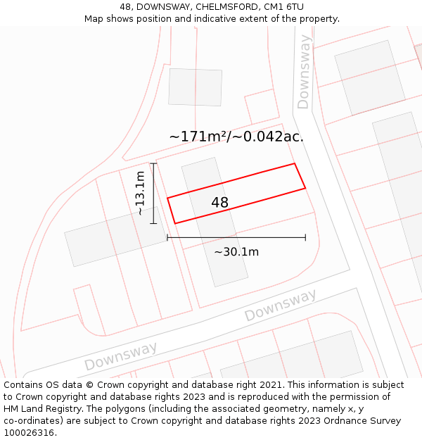 48, DOWNSWAY, CHELMSFORD, CM1 6TU: Plot and title map