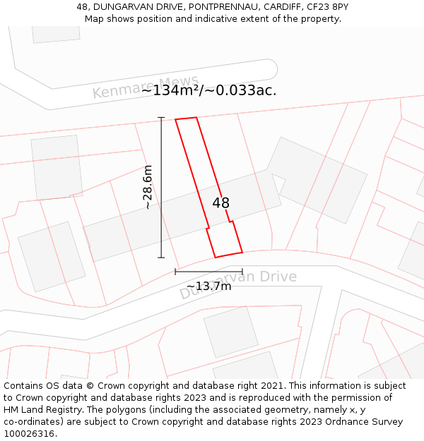 48, DUNGARVAN DRIVE, PONTPRENNAU, CARDIFF, CF23 8PY: Plot and title map
