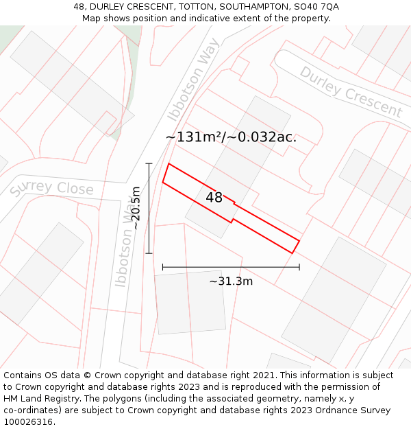 48, DURLEY CRESCENT, TOTTON, SOUTHAMPTON, SO40 7QA: Plot and title map
