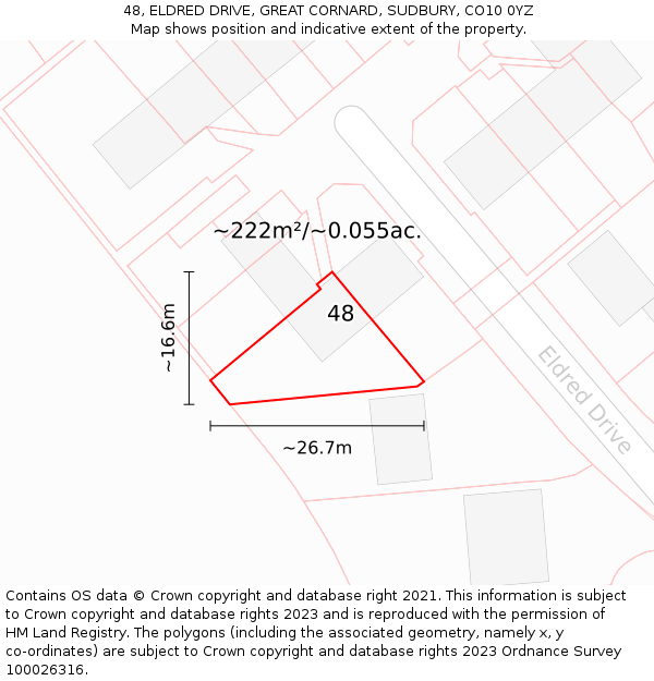 48, ELDRED DRIVE, GREAT CORNARD, SUDBURY, CO10 0YZ: Plot and title map