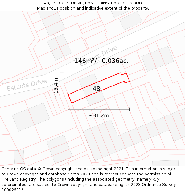 48, ESTCOTS DRIVE, EAST GRINSTEAD, RH19 3DB: Plot and title map
