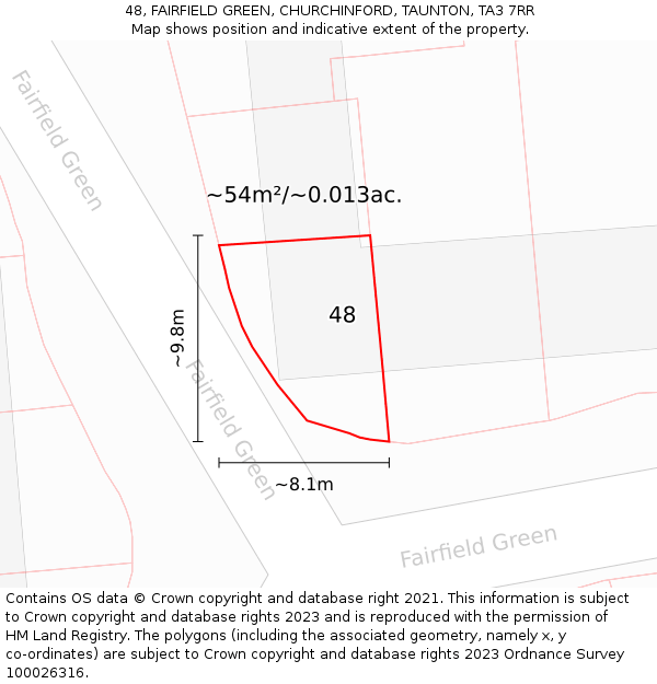 48, FAIRFIELD GREEN, CHURCHINFORD, TAUNTON, TA3 7RR: Plot and title map