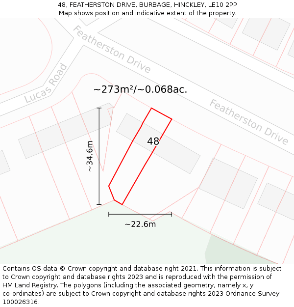 48, FEATHERSTON DRIVE, BURBAGE, HINCKLEY, LE10 2PP: Plot and title map