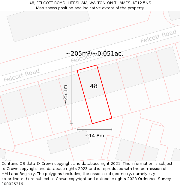 48, FELCOTT ROAD, HERSHAM, WALTON-ON-THAMES, KT12 5NS: Plot and title map