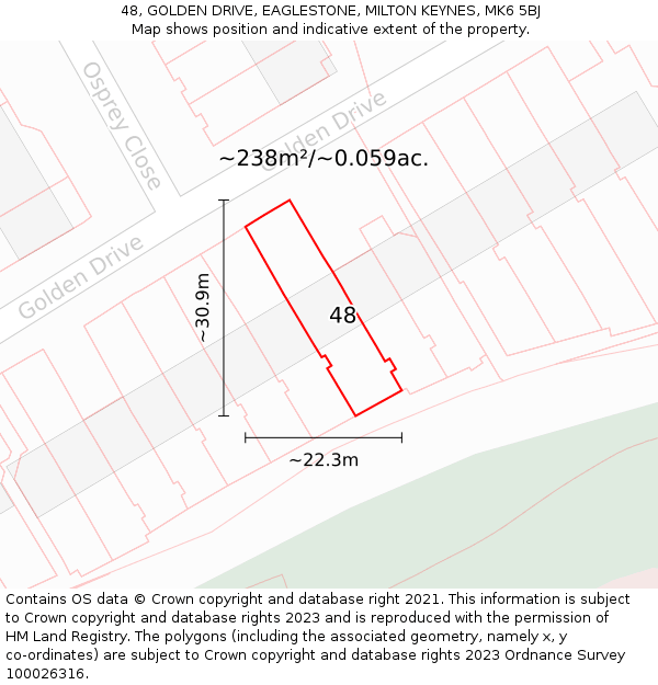 48, GOLDEN DRIVE, EAGLESTONE, MILTON KEYNES, MK6 5BJ: Plot and title map