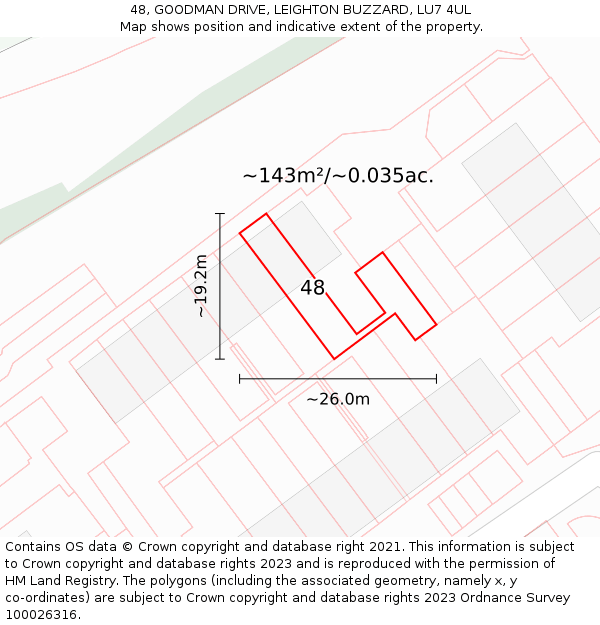 48, GOODMAN DRIVE, LEIGHTON BUZZARD, LU7 4UL: Plot and title map
