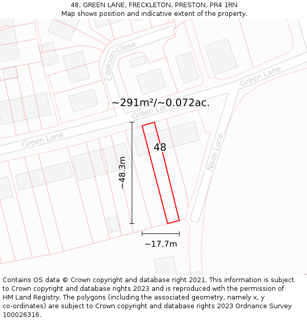 48, GREEN LANE, FRECKLETON, PRESTON, PR4 1RN: Plot and title map