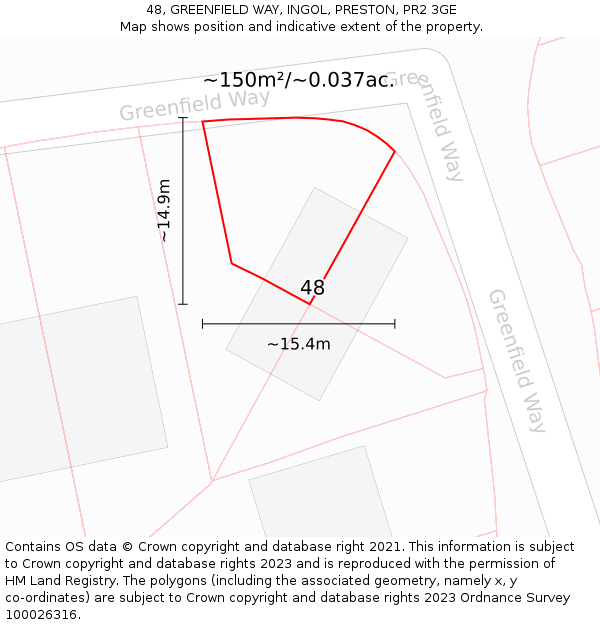 48, GREENFIELD WAY, INGOL, PRESTON, PR2 3GE: Plot and title map