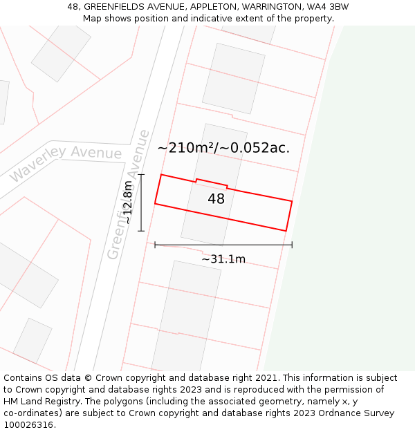 48, GREENFIELDS AVENUE, APPLETON, WARRINGTON, WA4 3BW: Plot and title map
