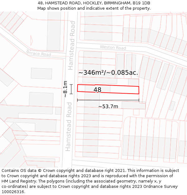 48, HAMSTEAD ROAD, HOCKLEY, BIRMINGHAM, B19 1DB: Plot and title map