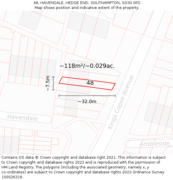 48, HAVENDALE, HEDGE END, SOUTHAMPTON, SO30 0FD: Plot and title map