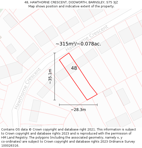 48, HAWTHORNE CRESCENT, DODWORTH, BARNSLEY, S75 3JZ: Plot and title map