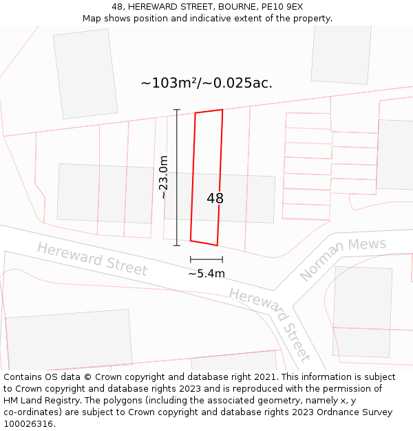 48, HEREWARD STREET, BOURNE, PE10 9EX: Plot and title map