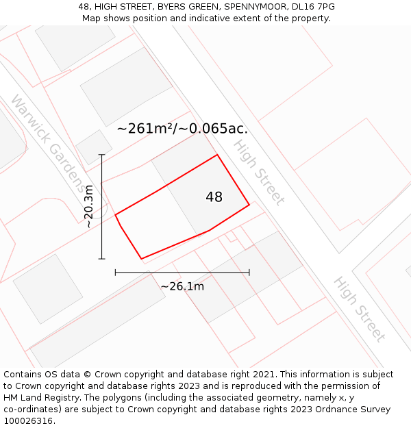 48, HIGH STREET, BYERS GREEN, SPENNYMOOR, DL16 7PG: Plot and title map