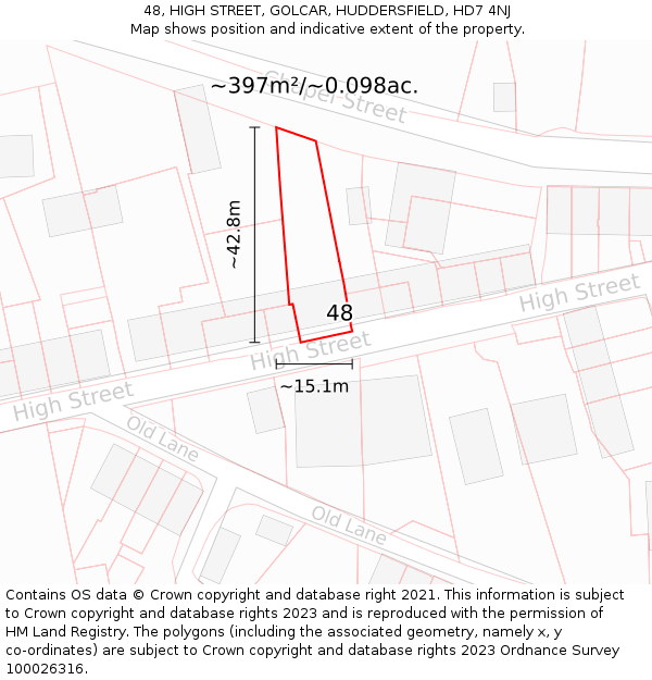 48, HIGH STREET, GOLCAR, HUDDERSFIELD, HD7 4NJ: Plot and title map