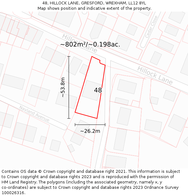 48, HILLOCK LANE, GRESFORD, WREXHAM, LL12 8YL: Plot and title map