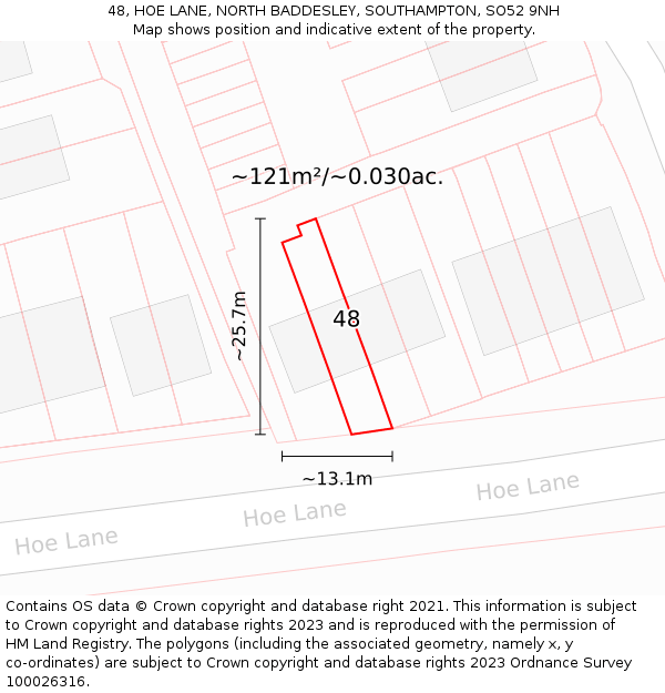 48, HOE LANE, NORTH BADDESLEY, SOUTHAMPTON, SO52 9NH: Plot and title map