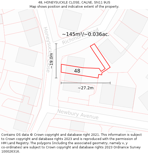 48, HONEYSUCKLE CLOSE, CALNE, SN11 9US: Plot and title map