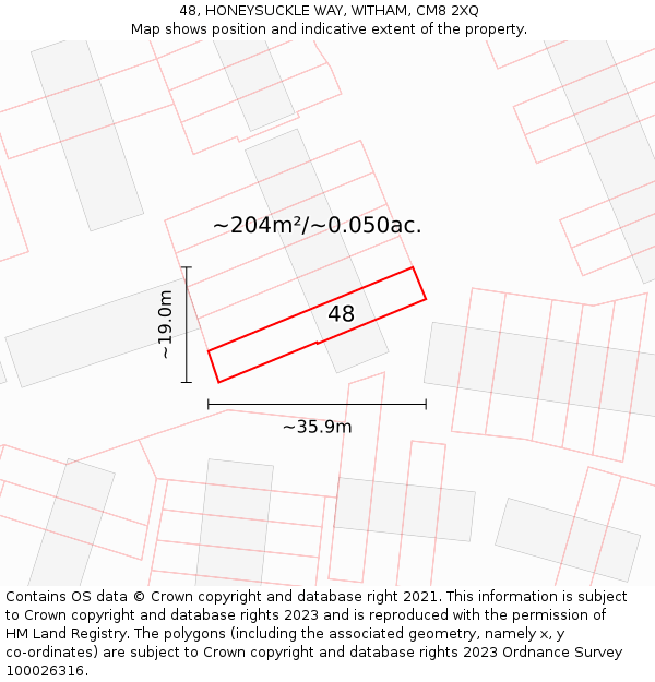 48, HONEYSUCKLE WAY, WITHAM, CM8 2XQ: Plot and title map
