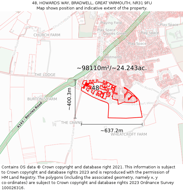 48, HOWARDS WAY, BRADWELL, GREAT YARMOUTH, NR31 9FU: Plot and title map