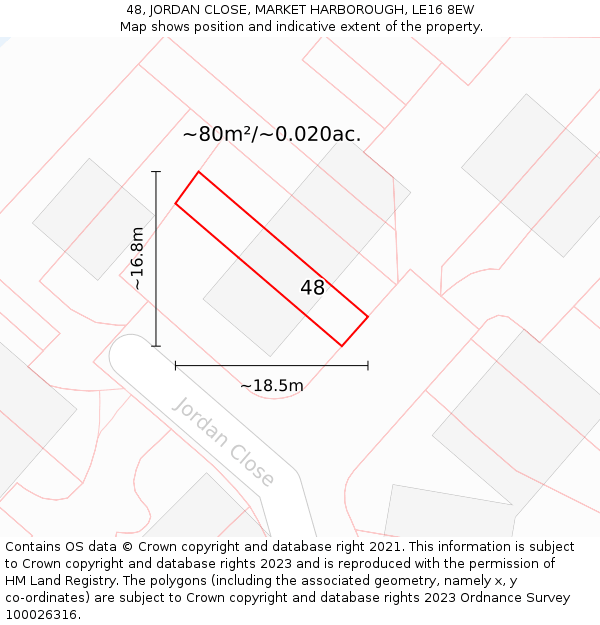 48, JORDAN CLOSE, MARKET HARBOROUGH, LE16 8EW: Plot and title map