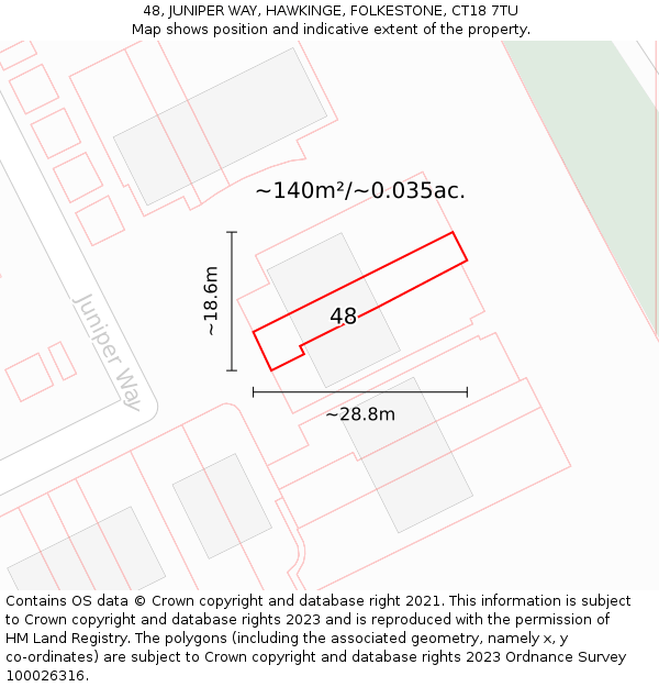 48, JUNIPER WAY, HAWKINGE, FOLKESTONE, CT18 7TU: Plot and title map