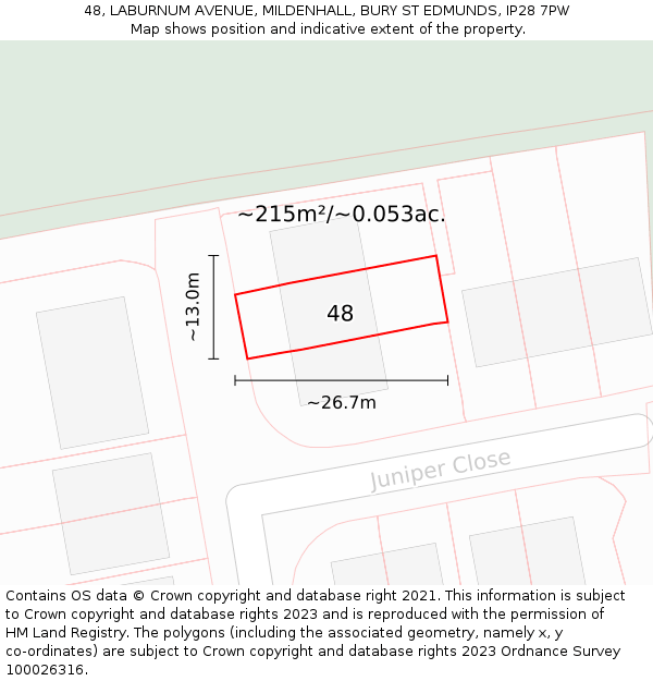 48, LABURNUM AVENUE, MILDENHALL, BURY ST EDMUNDS, IP28 7PW: Plot and title map