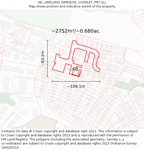 48, LAKELAND GARDENS, CHORLEY, PR7 2LL: Plot and title map