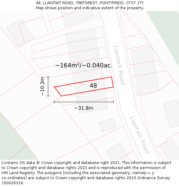 48, LLANTWIT ROAD, TREFOREST, PONTYPRIDD, CF37 1TY: Plot and title map