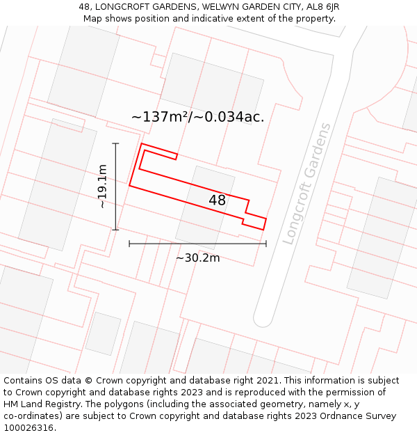 48, LONGCROFT GARDENS, WELWYN GARDEN CITY, AL8 6JR: Plot and title map