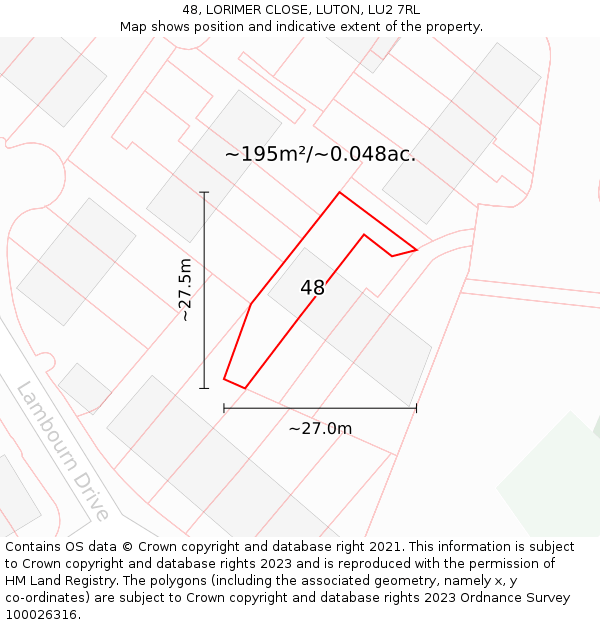 48, LORIMER CLOSE, LUTON, LU2 7RL: Plot and title map