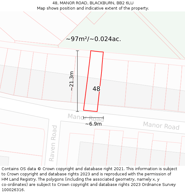 48, MANOR ROAD, BLACKBURN, BB2 6LU: Plot and title map