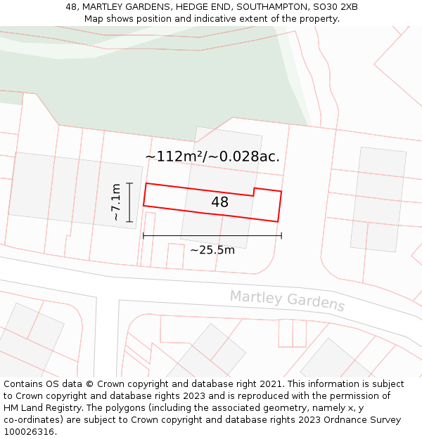 48, MARTLEY GARDENS, HEDGE END, SOUTHAMPTON, SO30 2XB: Plot and title map