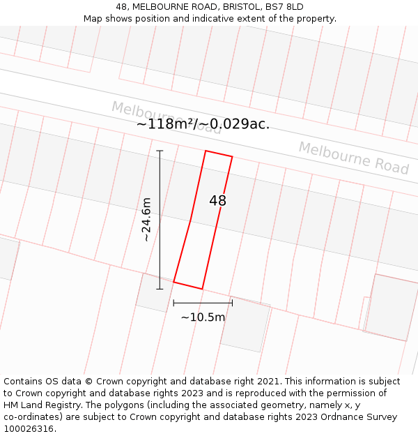 48, MELBOURNE ROAD, BRISTOL, BS7 8LD: Plot and title map