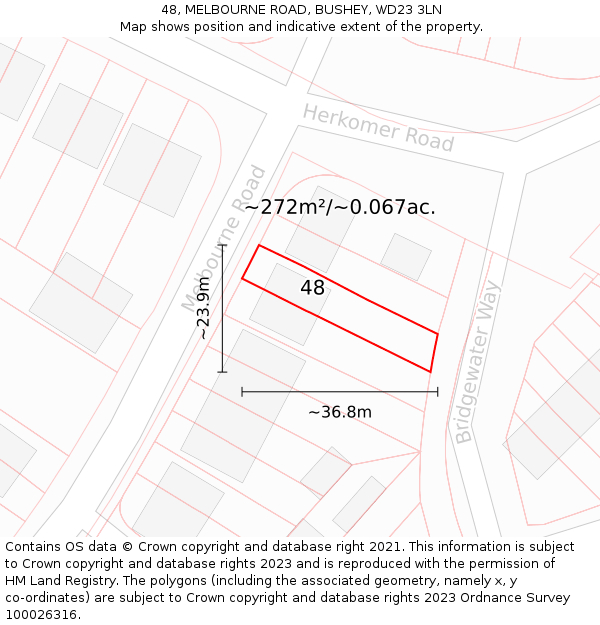 48, MELBOURNE ROAD, BUSHEY, WD23 3LN: Plot and title map
