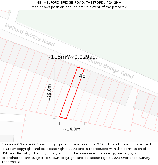 48, MELFORD BRIDGE ROAD, THETFORD, IP24 2HH: Plot and title map