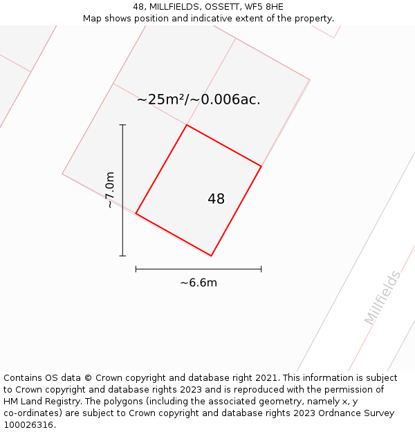 48, MILLFIELDS, OSSETT, WF5 8HE: Plot and title map