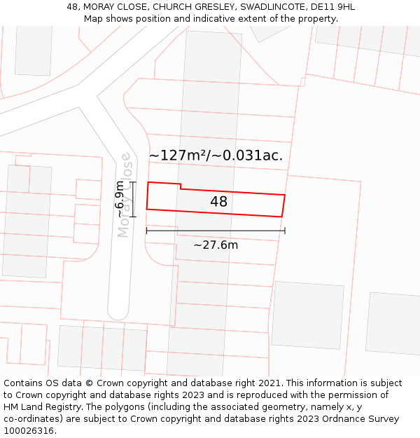 48, MORAY CLOSE, CHURCH GRESLEY, SWADLINCOTE, DE11 9HL: Plot and title map