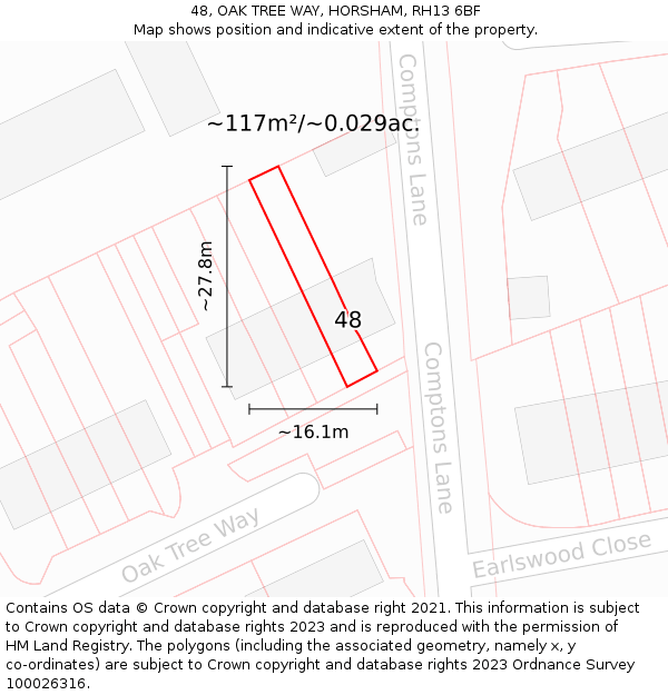 48, OAK TREE WAY, HORSHAM, RH13 6BF: Plot and title map