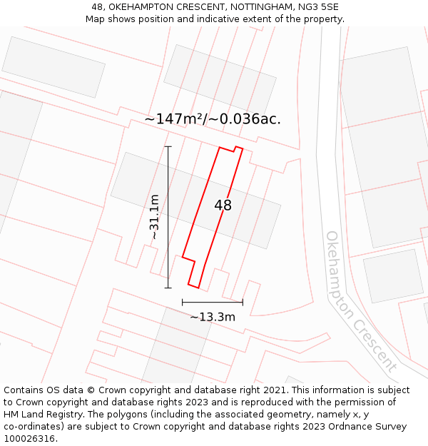 48, OKEHAMPTON CRESCENT, NOTTINGHAM, NG3 5SE: Plot and title map