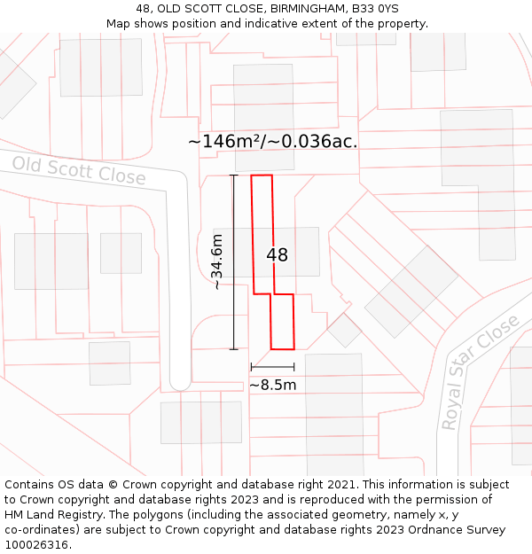 48, OLD SCOTT CLOSE, BIRMINGHAM, B33 0YS: Plot and title map
