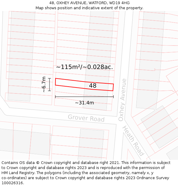 48, OXHEY AVENUE, WATFORD, WD19 4HG: Plot and title map