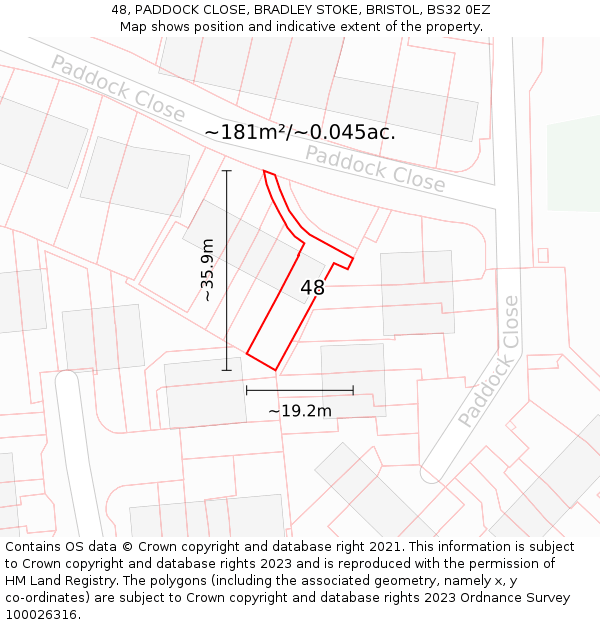 48, PADDOCK CLOSE, BRADLEY STOKE, BRISTOL, BS32 0EZ: Plot and title map