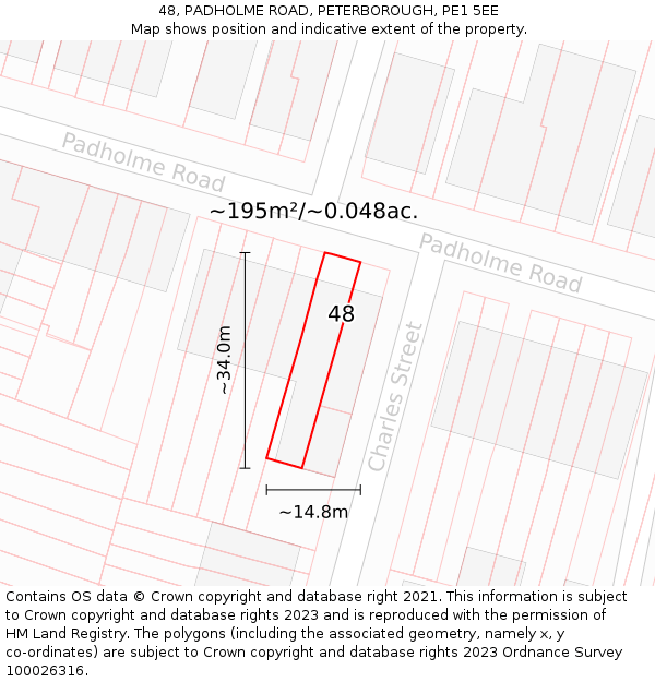 48, PADHOLME ROAD, PETERBOROUGH, PE1 5EE: Plot and title map