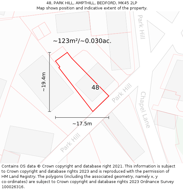 48, PARK HILL, AMPTHILL, BEDFORD, MK45 2LP: Plot and title map
