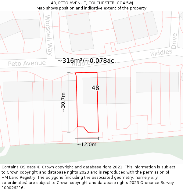 48, PETO AVENUE, COLCHESTER, CO4 5WJ: Plot and title map