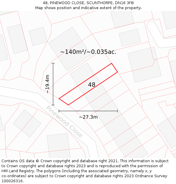 48, PINEWOOD CLOSE, SCUNTHORPE, DN16 3FB: Plot and title map