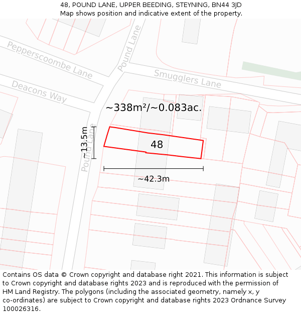 48, POUND LANE, UPPER BEEDING, STEYNING, BN44 3JD: Plot and title map