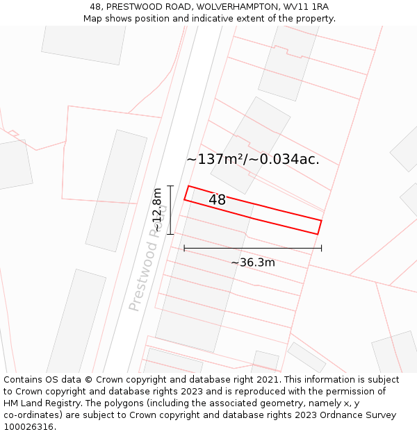 48, PRESTWOOD ROAD, WOLVERHAMPTON, WV11 1RA: Plot and title map