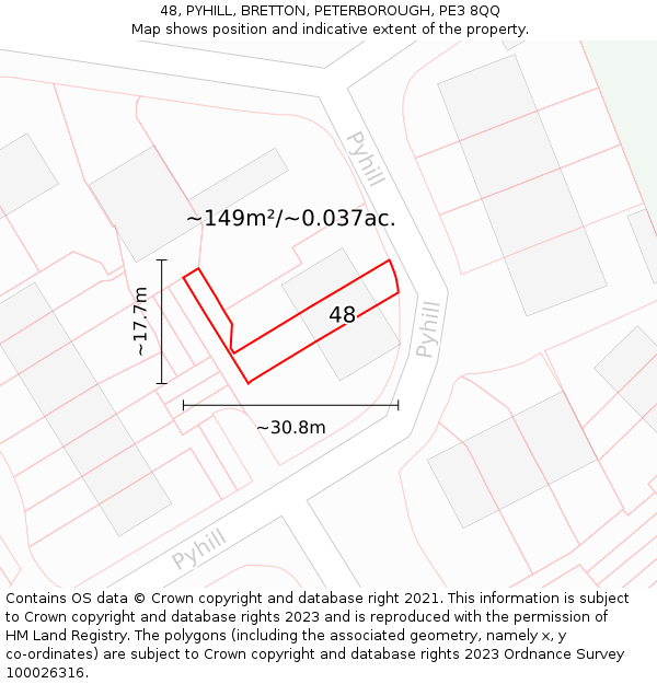 48, PYHILL, BRETTON, PETERBOROUGH, PE3 8QQ: Plot and title map